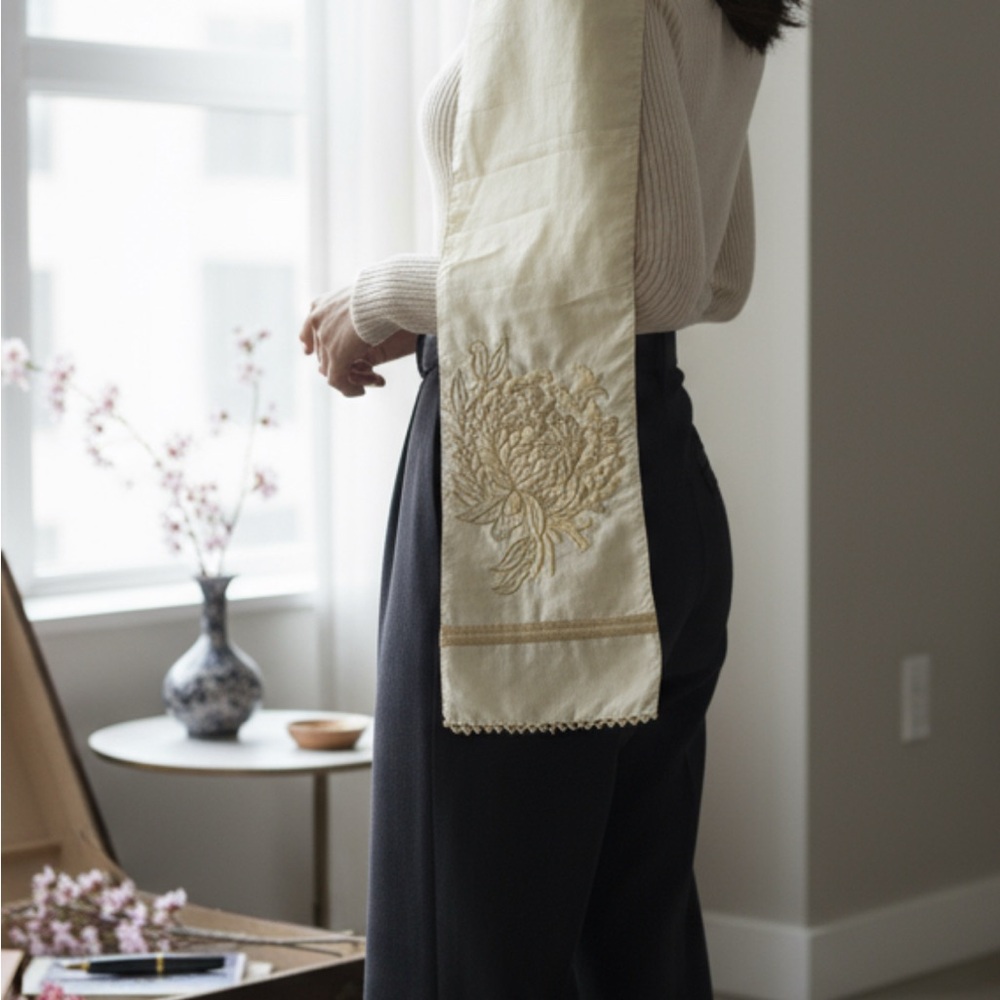 Vintage 60s All SILK Small Scarf Neck Sash Heavily Elegant Cream Embroidered